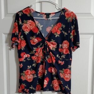 Vibrant Blue Floral Tie Front Fitted Blouse with Short Sleeves